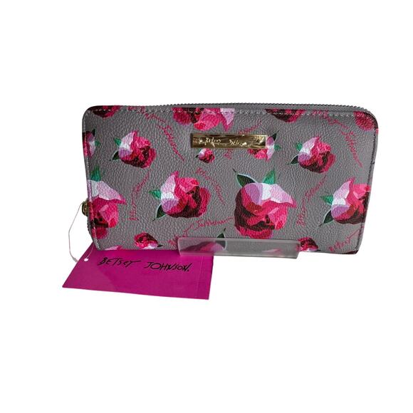 Brand New Betsey Johnson Zip Around Large Gray w/ Roses - Picture 1 of 6